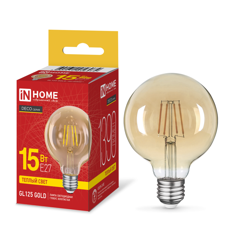 Лампа светодиодная IN HOME LED-GL125-deco gold 15Вт 230В E27 3000K 1390Лм золотистая 