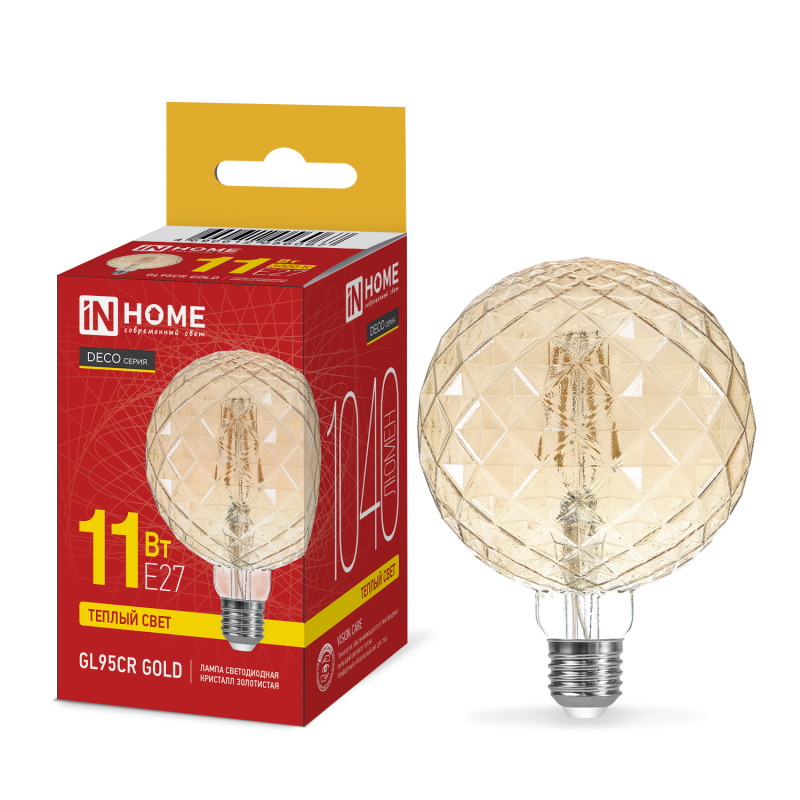 Лампа светодиодная IN HOME LED-GL95СR-deco gold 11Вт 230В E27 3000K 1040Лм кристалл золотистая 