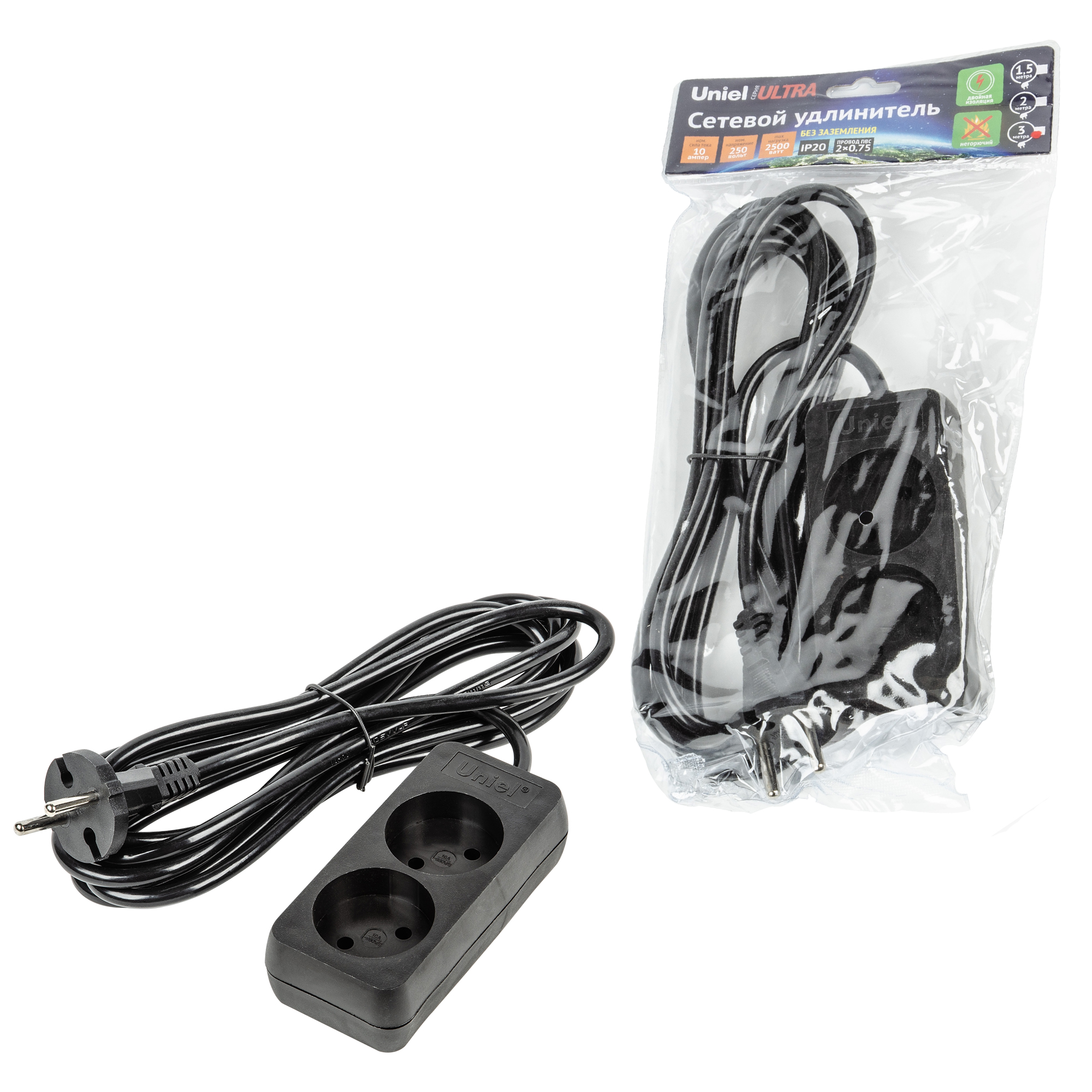 Удлинитель UNIEL S-CU2-3 BLACK шнур 2м., 2 гнезда, 10A, б/з. Черный, серии Ultra