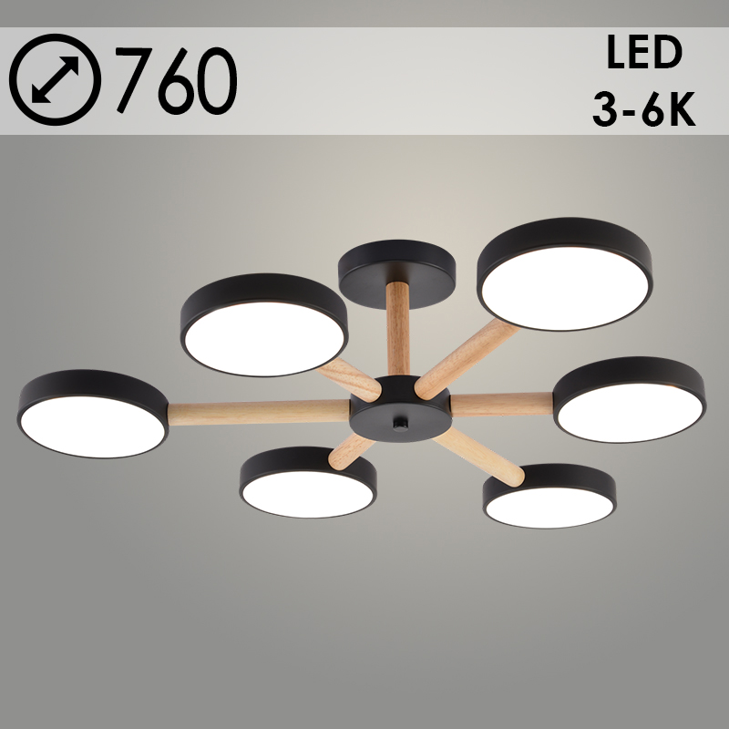 Люстра XI3279/6 BK+WOOD черный/дерево 108W LED 3000-6000K d760 h180, HN23