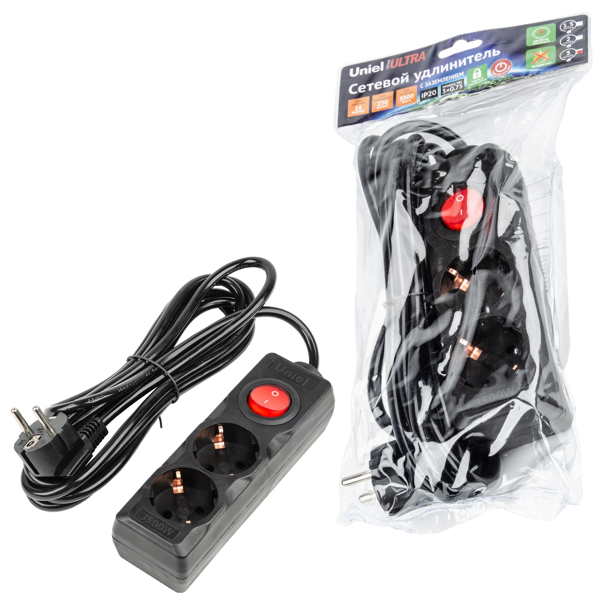 Удлинитель UNIEL S-GCU2-3B BLACK шнур 3м., 2 гнезда, 16A, с/з, с выкл. Черный. серии Ultra