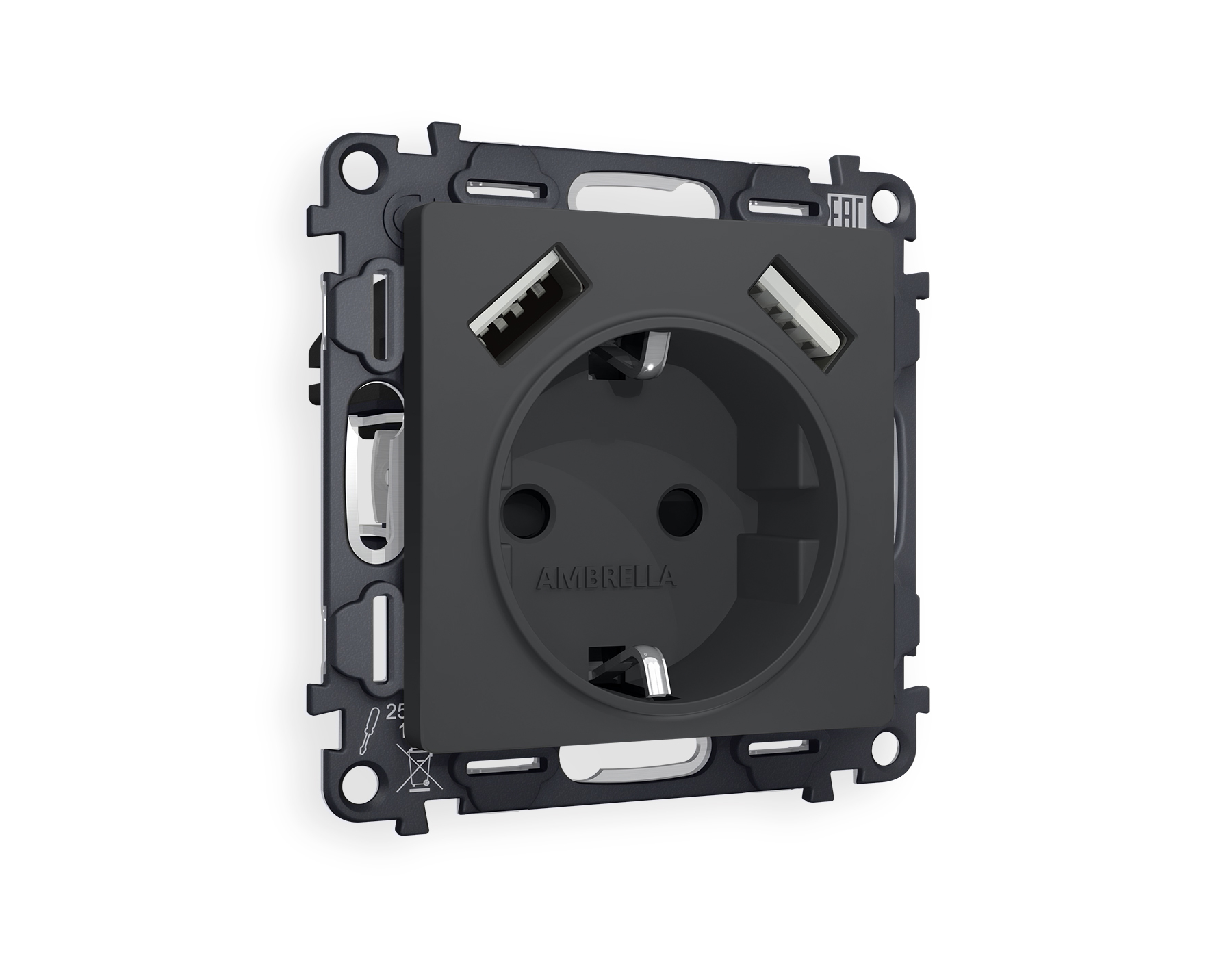 MA909010 Комплект механизма электр розетки ALFA Графит мяг/кас 2USB A+A 18W с/з QUANT(AP9090,VM155)