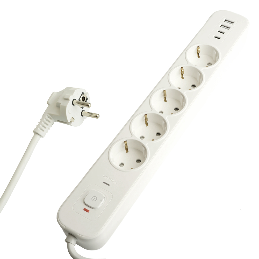 Сетевой фильтр 5-местный с/з 3x1мм2, 3 м, 250В, 16А, 2 USB-A+2 Type-C 3, серия Nova, HM21-51-03, бел