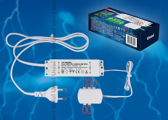 Блок питания UNIEL UET-IPL-350E33 9W IP33 с вилкой, разветвителем на 6 выходов. 320mA