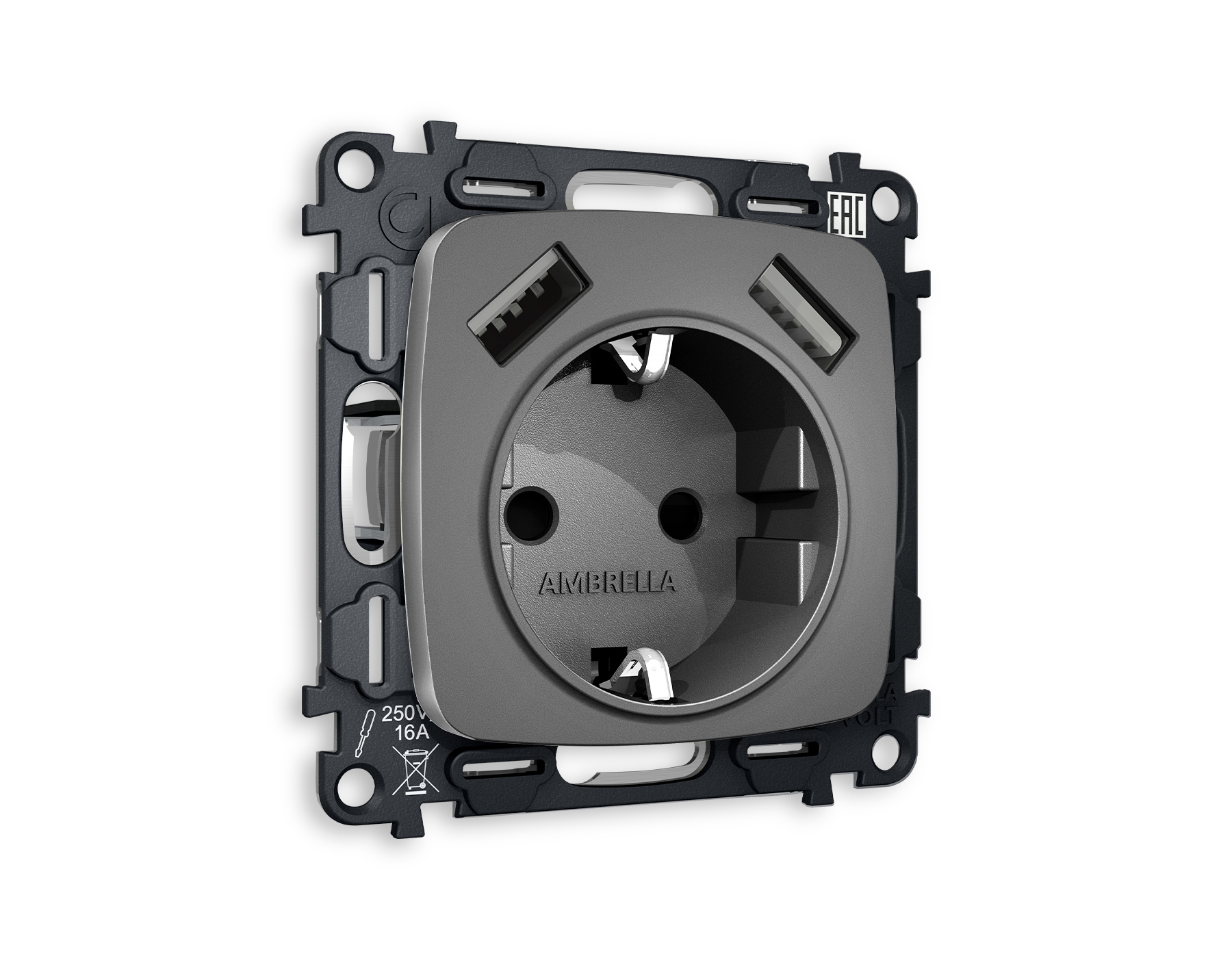 MO659010 Комплект механизма электр розетки OMEGA Антрацит серый 2USB A+A 18W с/з QUANT(OP6590,VM155)