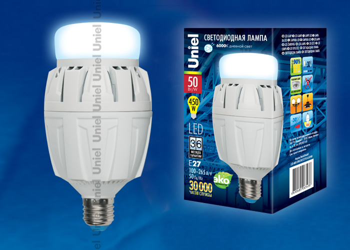 Лампа светодиодная UNIEL LED-M88-50W/DW/E27/FR ALV01WH картон матовая, алюминий, 6000К