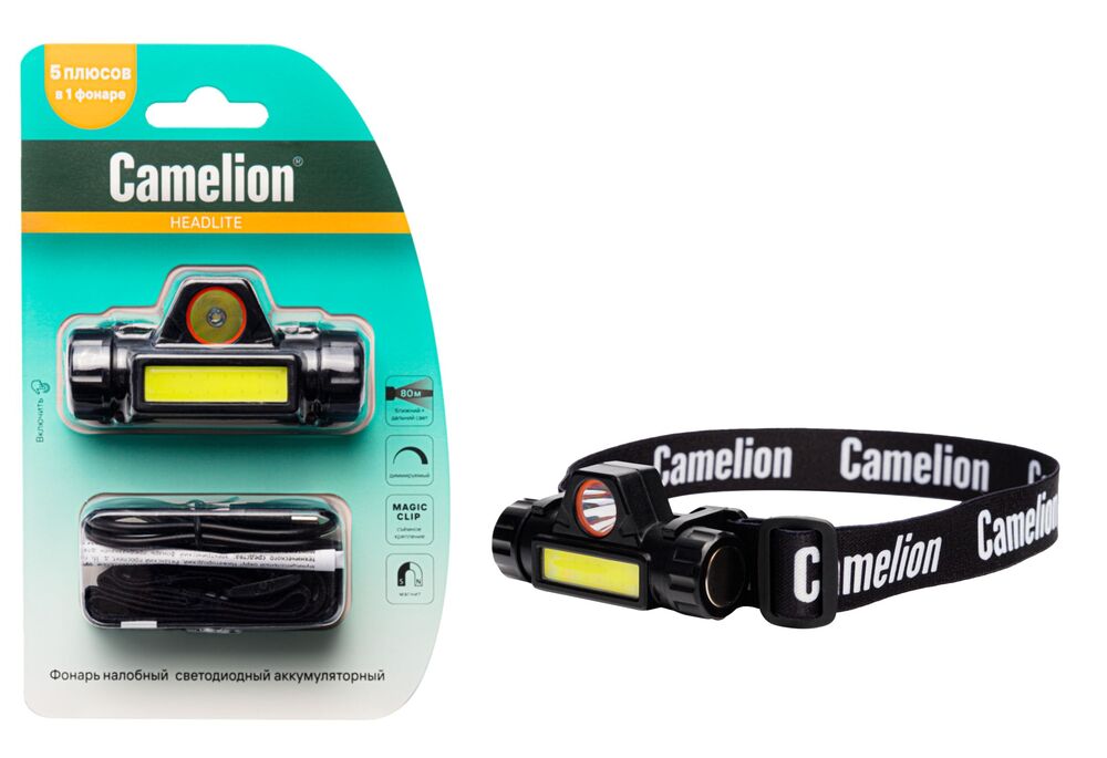 Фонарь CAMELION LED53405 (налоб, аккум 3,7В, димм,черный,XPE + COB LED, 3 Вт, 2 реж, магн, бл)