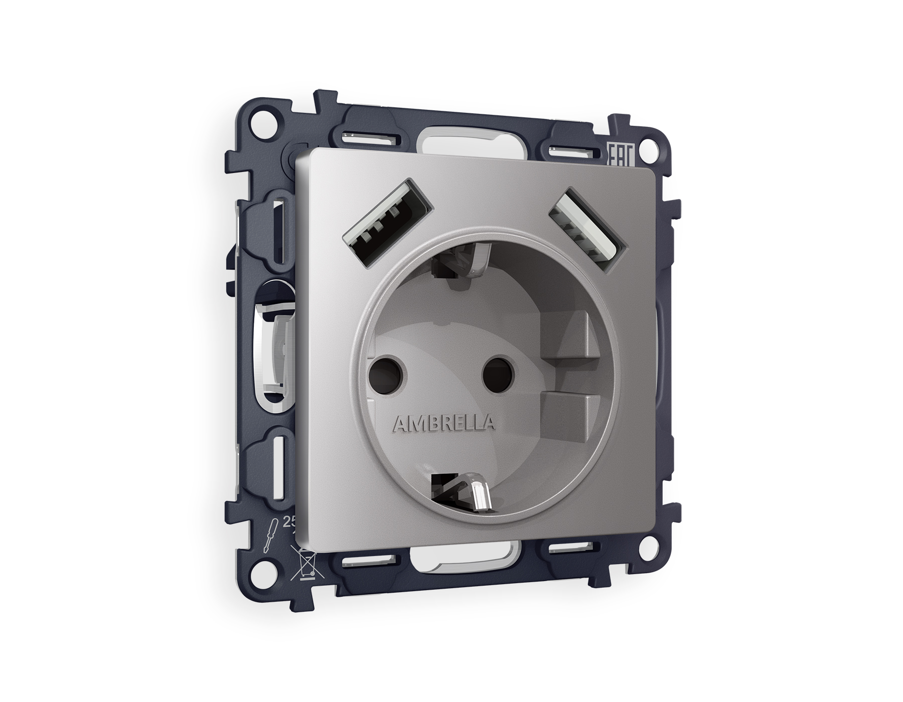 MA509010 Комплект механизма электр розетки ALFA Сталь матовый 2USB A+A 18W с/з QUANT (AP5090, VM155)