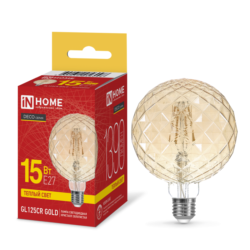 Лампа светодиодная IN HOME LED-GL125CR-deco gold 15Вт 230В E27 3000K 1390Лм кристалл золотистая 