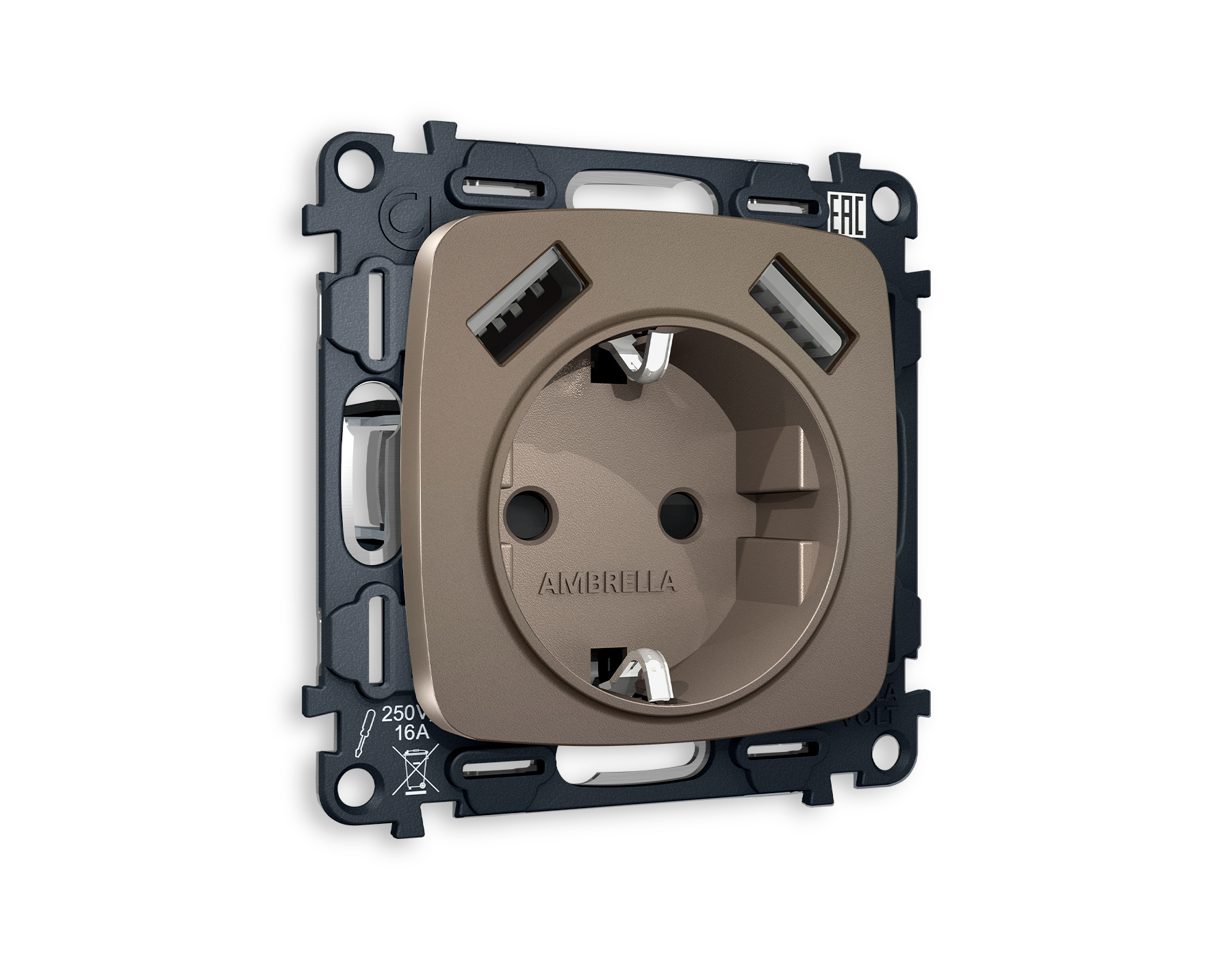 MO639010 Комплект механизма электр розетки OMEGA Тем/бронза мат 2USB A+A 18W с/з QUANT(OP6390,VM155)