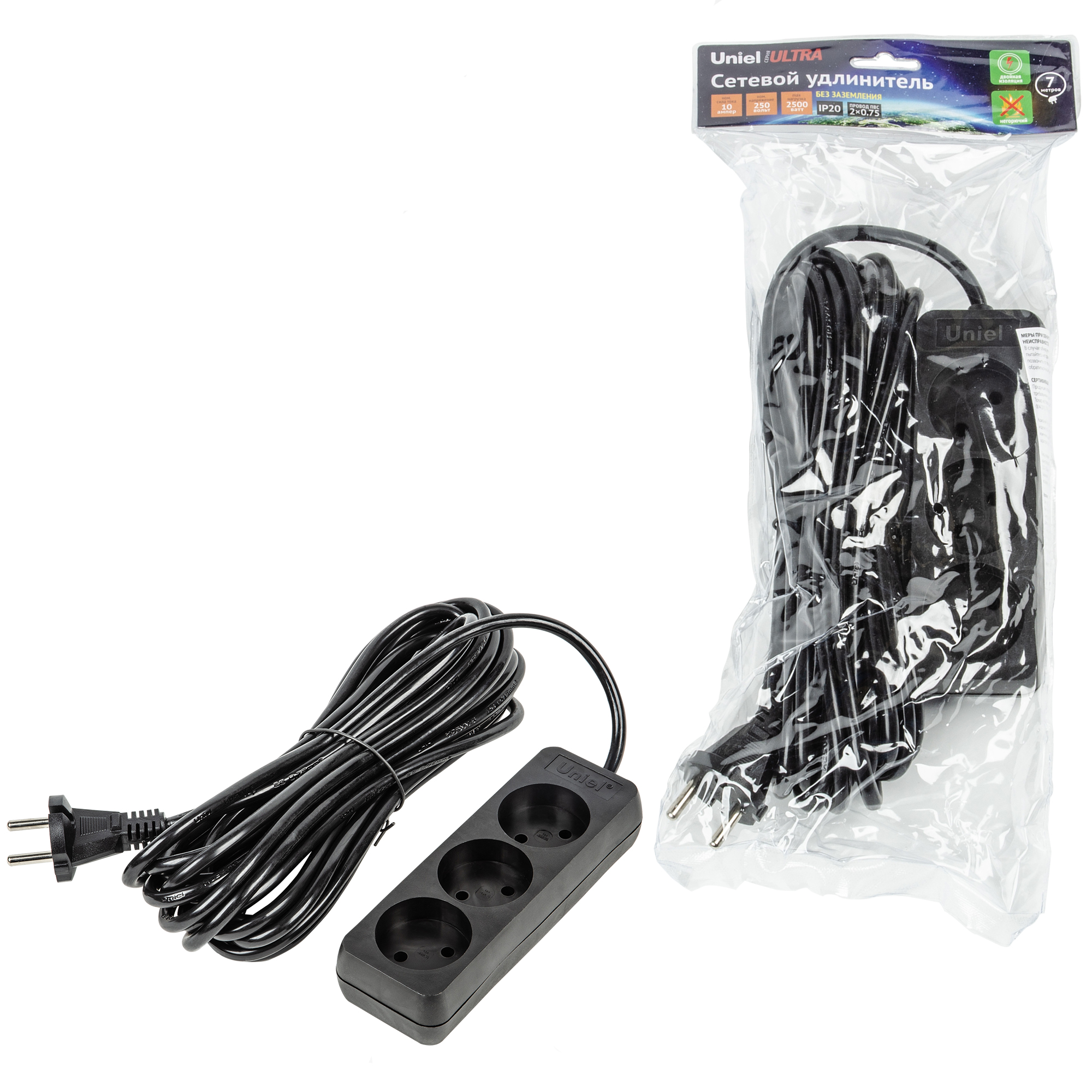 Удлинитель UNIEL S-CU3-7 BLACK шнур 7м., 3 гнезда, 10A, б/з. Черный. серии Ultra