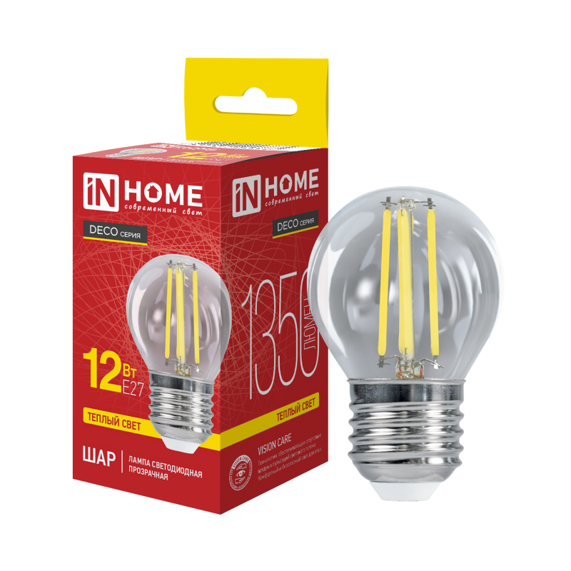 Лампа светодиодная IN HOME LED-ШАР-deco 12Вт 230В Е27 3000К 1350Лм прозрачная