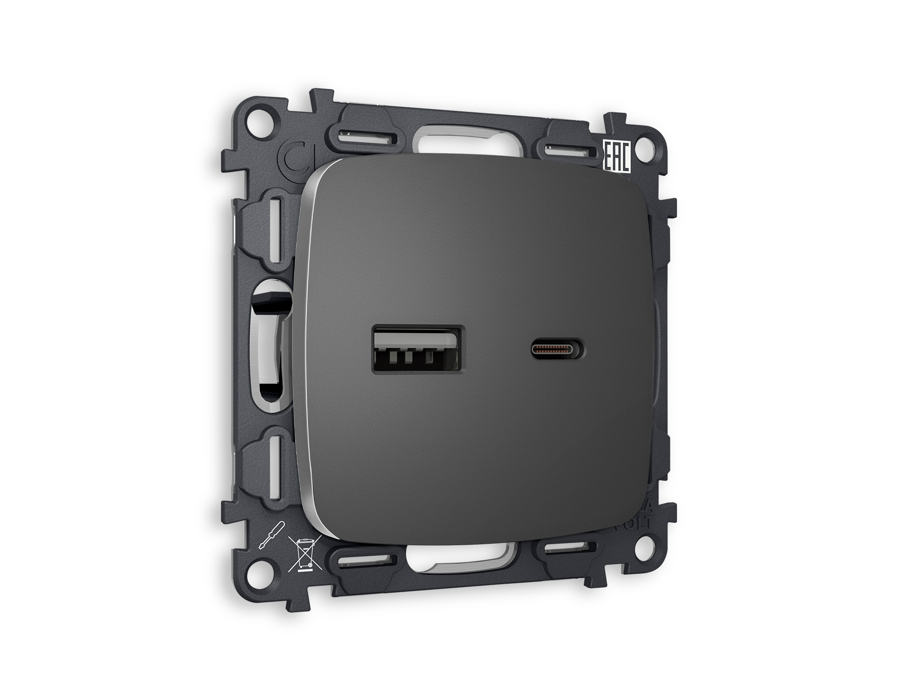 MO661010 Комплект механизма розетки OMEGA Антрацит серый 2USB A+C 20W QUANT (OP6610,VM177)