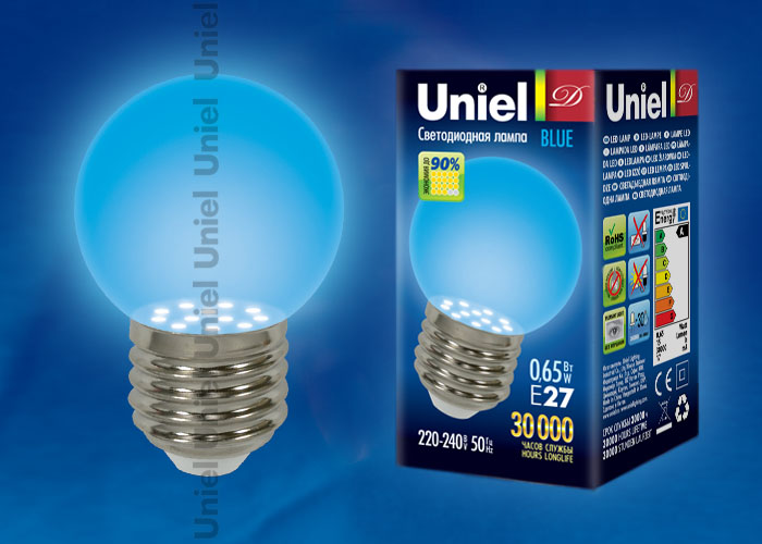 Лампа светодиодная UNIEL LED-G45-0,65W/BLUE/E27 картон
