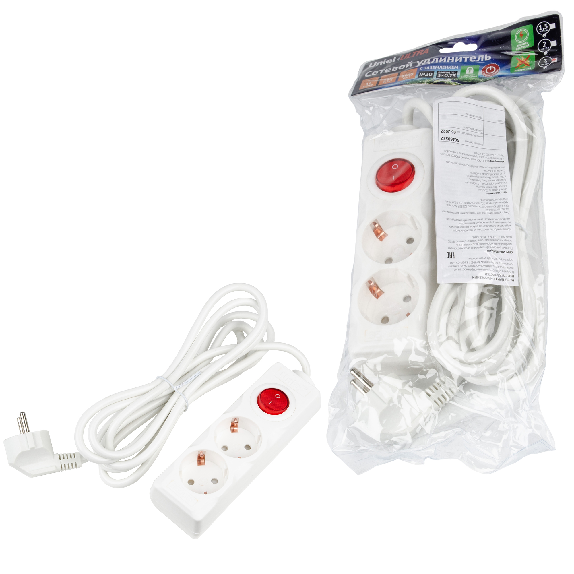Удлинитель UNIEL S-GCU2-3B WHITE шнур 3м., 2 гнезда, 16A, с/з. Белый. серии Ultra
