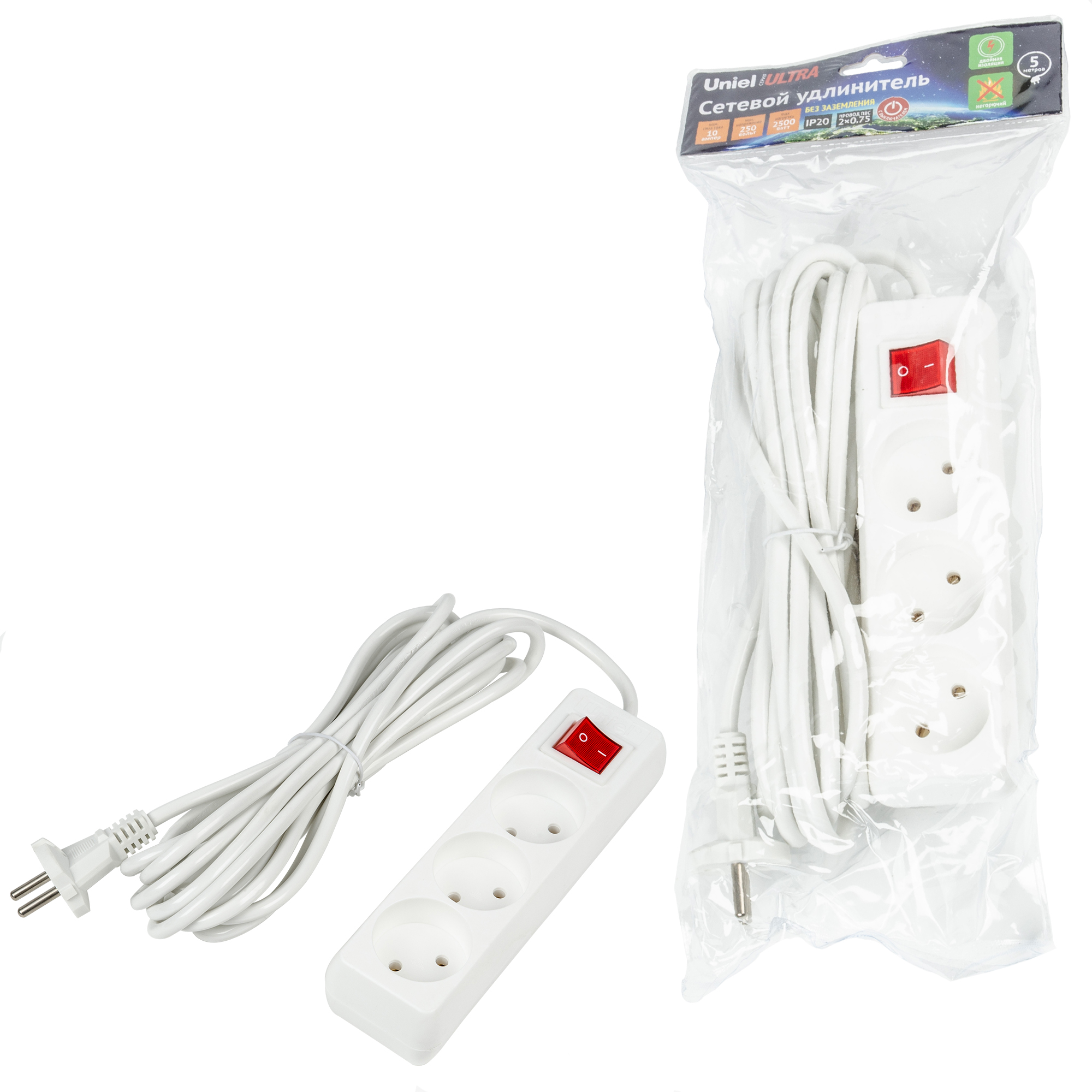 Удлинитель UNIEL S-CU3-5B WHITE шнур 5м., 3 гнезда, 10A, б/з, с выкл. Белый. серии Ultra