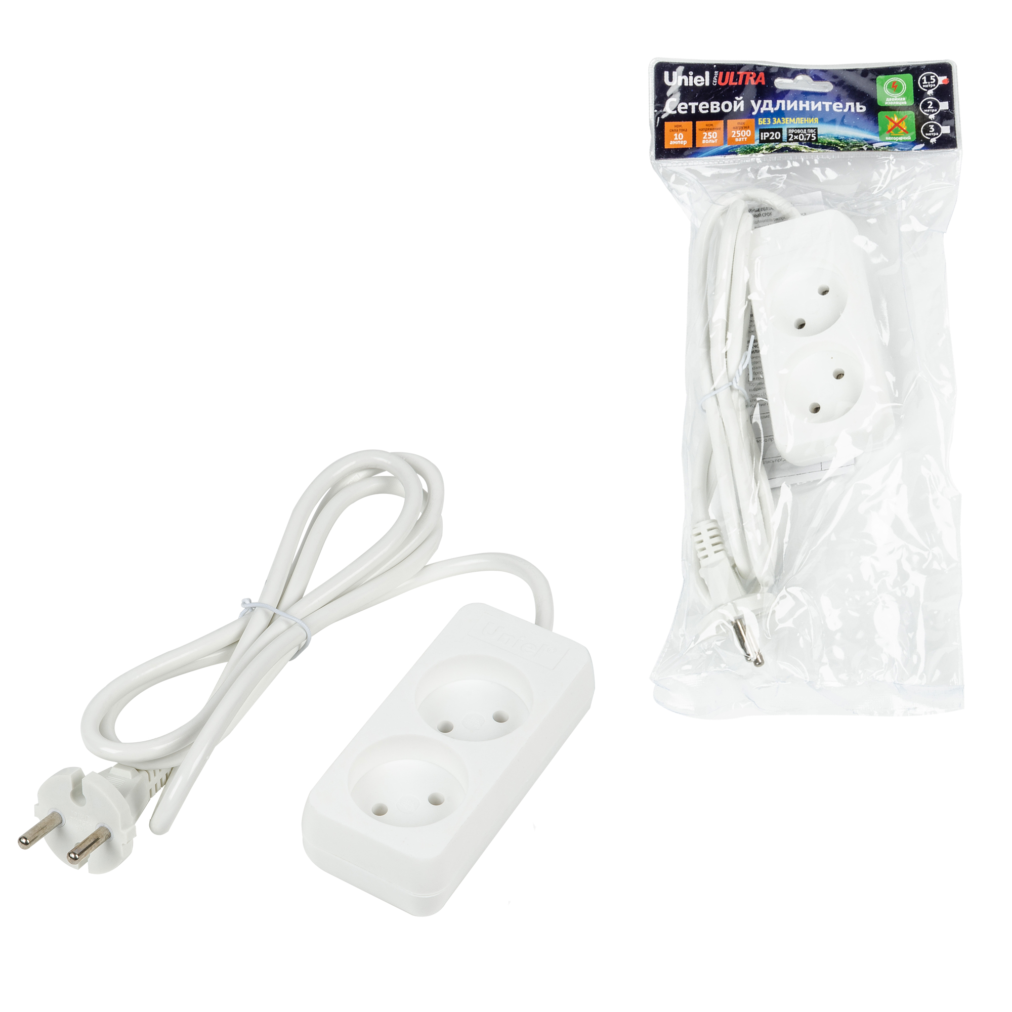 Удлинитель UNIEL S-CU2-1,5 WHITE шнур 1,5м., 2 гнезда, 10A, б/з. Белый, серии Ultra