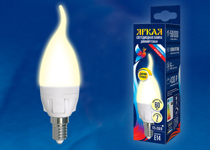 Лампа светодиодная UNIEL LED-CW37 7W/3000K/E14/FR/DIM PLP01WH «свеча на ветру», матовая Серия Яркая