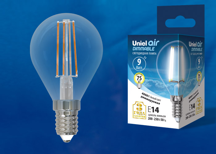 Лампа светодиодная UNIEL LED-G45-9W/4000K/E14/CL/DIM GLA01TR Форма "шар", прозрачная. Диммируемая
