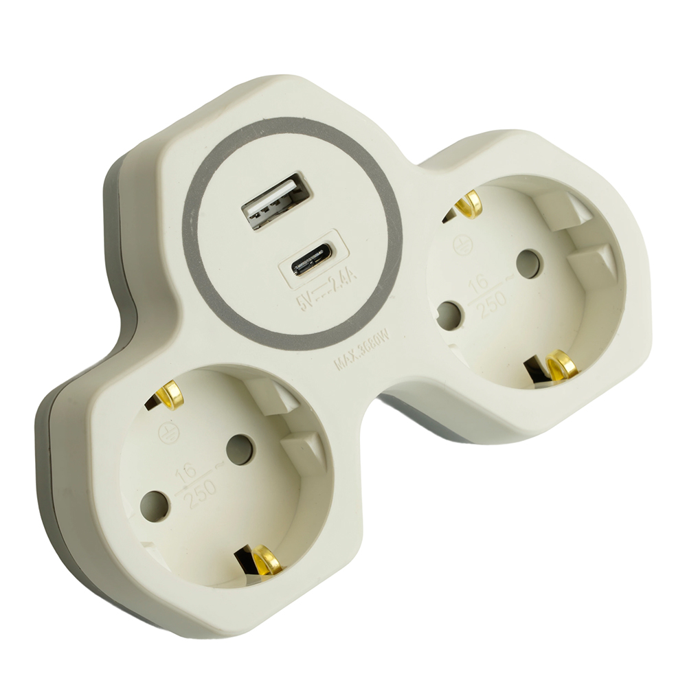 Сетевой разветвитель STEKKER 2-местный и с 2-мя выходами USB +Type C , с/з, ADP16-15-20, белый/серый