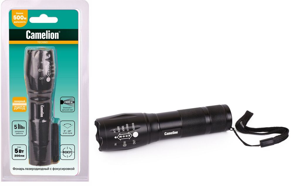 Фонарь CAMELION LED51530 черный LED XML-T6 ZOOM 5 реж 3XLR03 алюм. откр. блистер