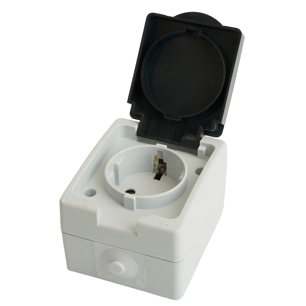Розетка 1-местная с крышкой с/з, 250В, 16А, IP54. PST16-11-54, серый/графит