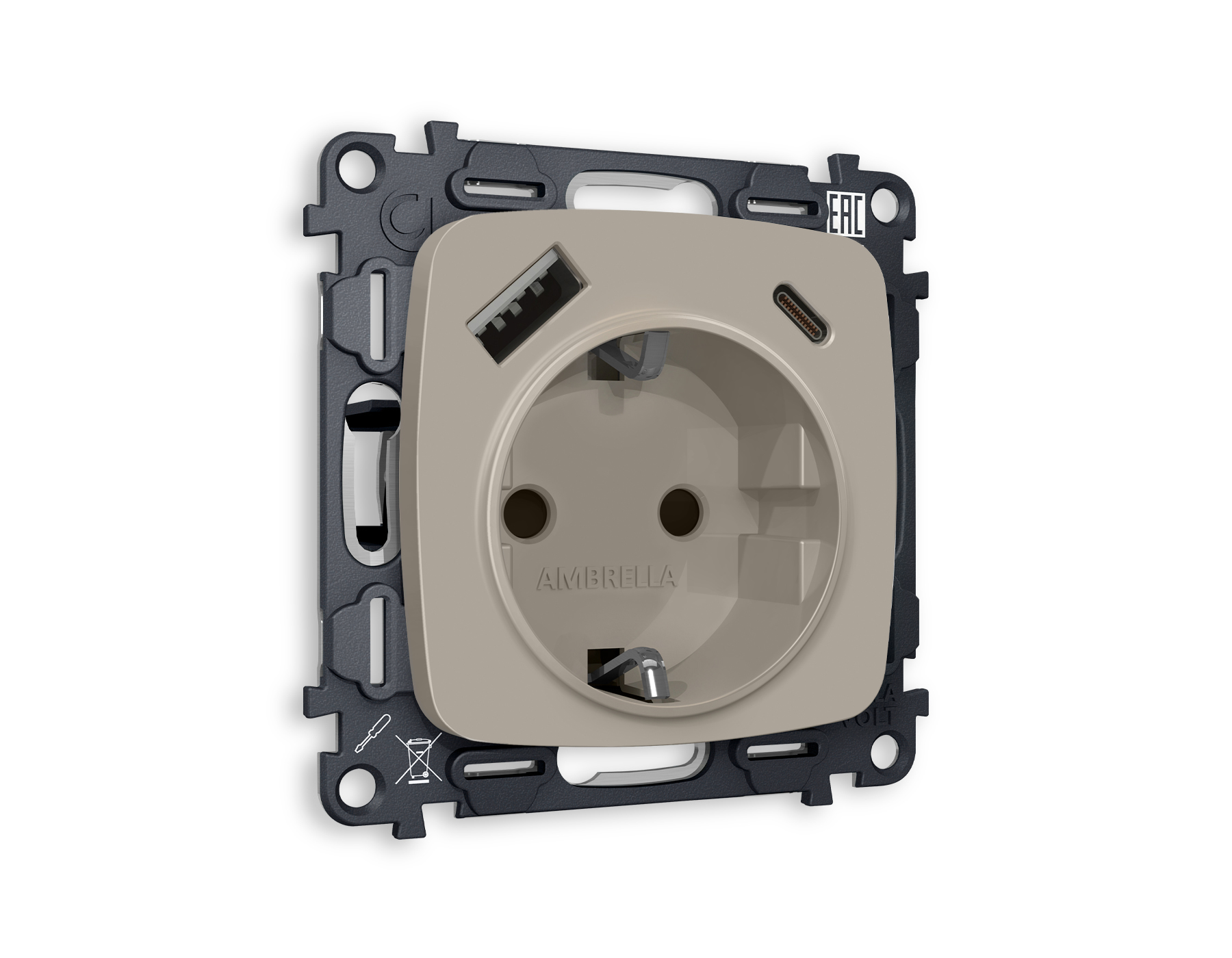 MO370010 Комплект механизма электр розетки OMEGA Серо-беж матов 2USB A+C 20W с/з QUANT(OP3700,VM160)