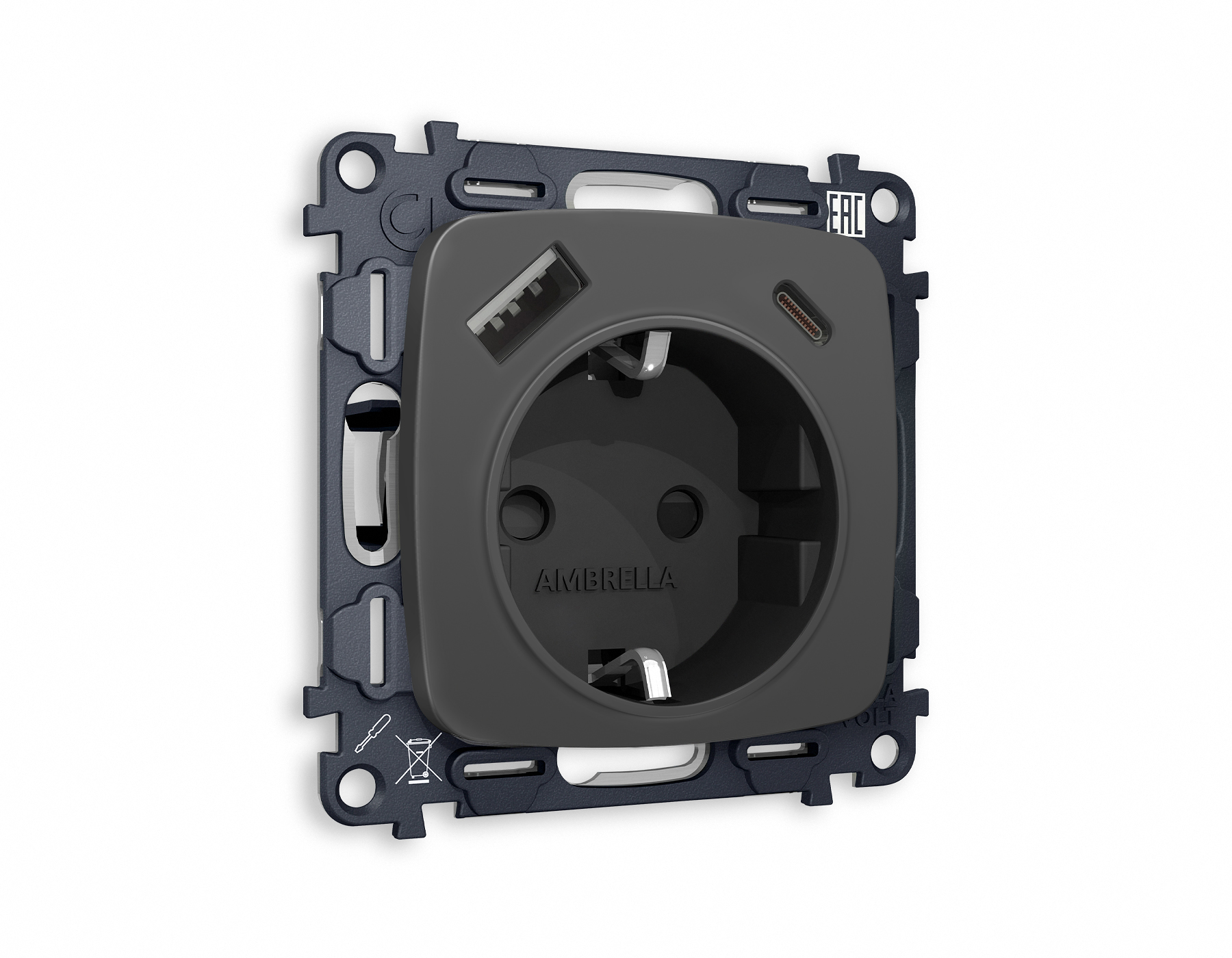 MO910010 Комплект механизма электр розетки OMEGA Графит мяг/кас 2USB A+C 20W с/з QUANT(OP9100,VM160)