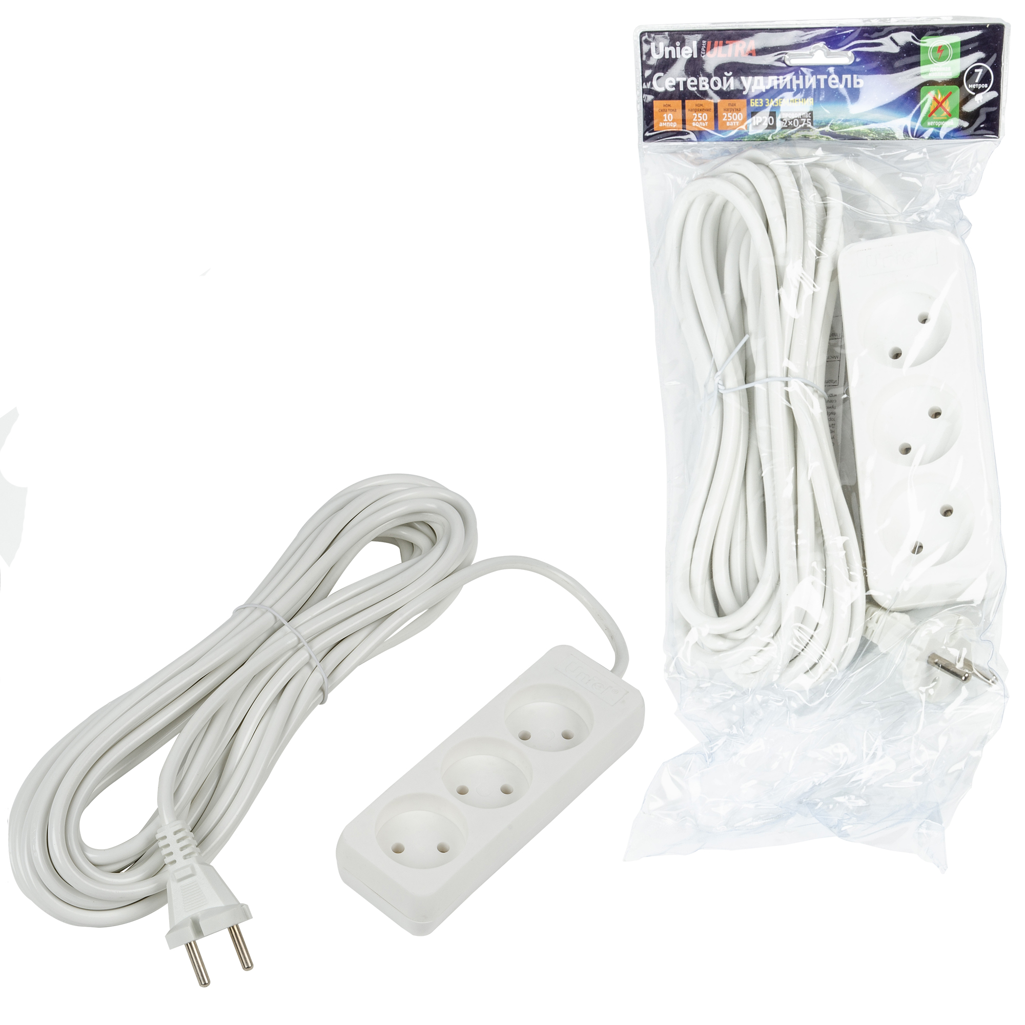 Удлинитель UNIEL S-CU3-7 WHITE шнур 7м., 3 гнезда, 10A, б/з. Белый. серии Ultra
