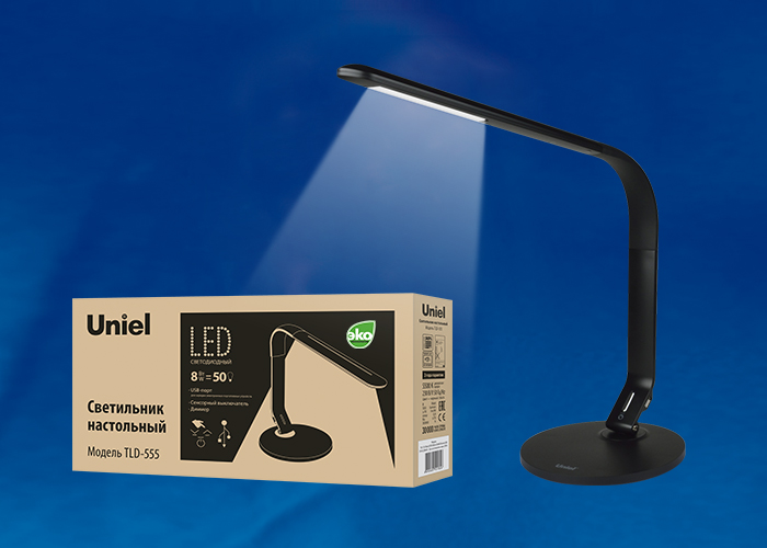 Светильник настольный UNIEL TLD-555 Black/LED/500Lm/5500K/Dimmer/USB 8W сенвор, черный