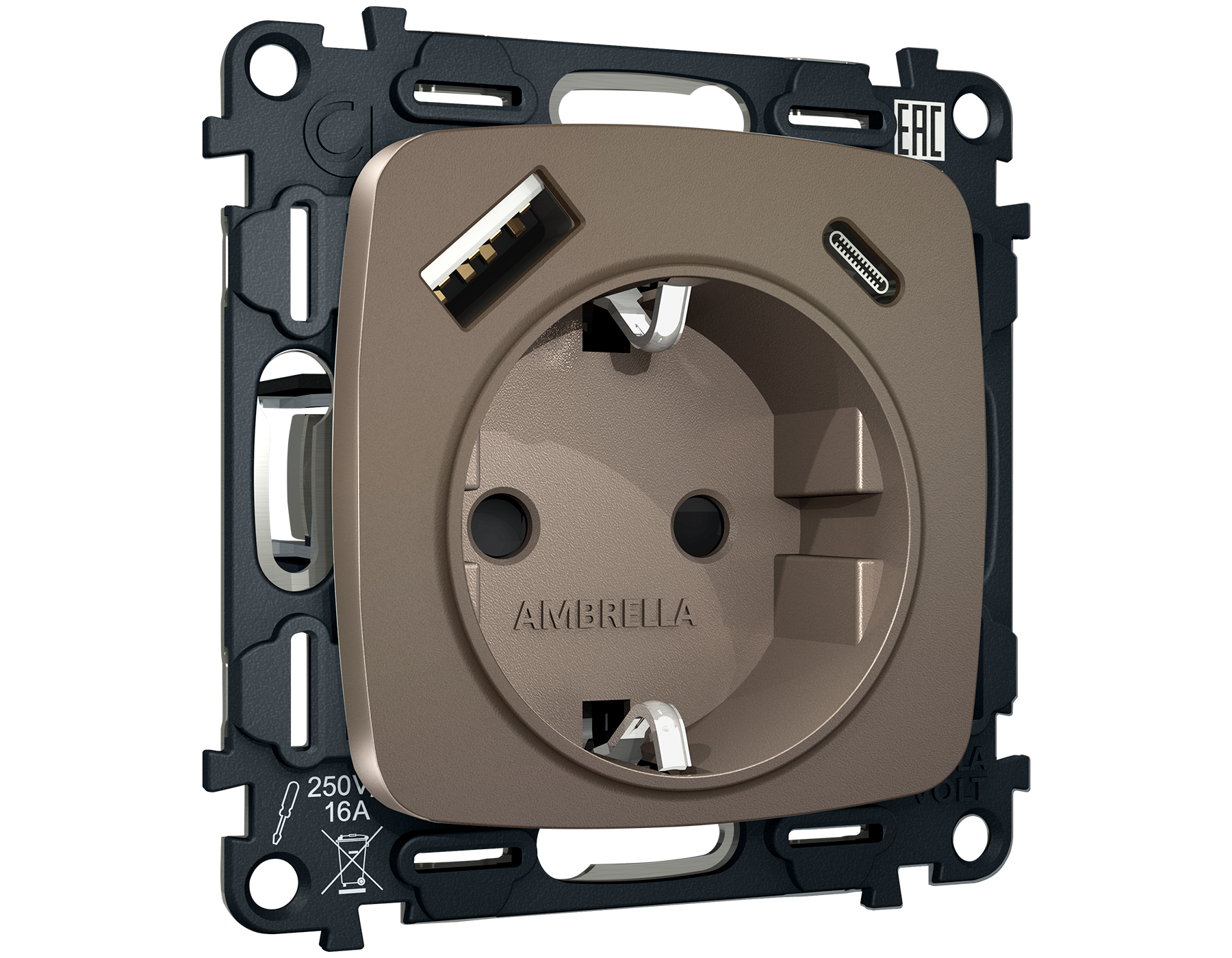 MO640010 Комплект механизма электр розетки OMEGA Тем/бронза матов2USB A+C 20W с/з QUANT(OP640,VM160)