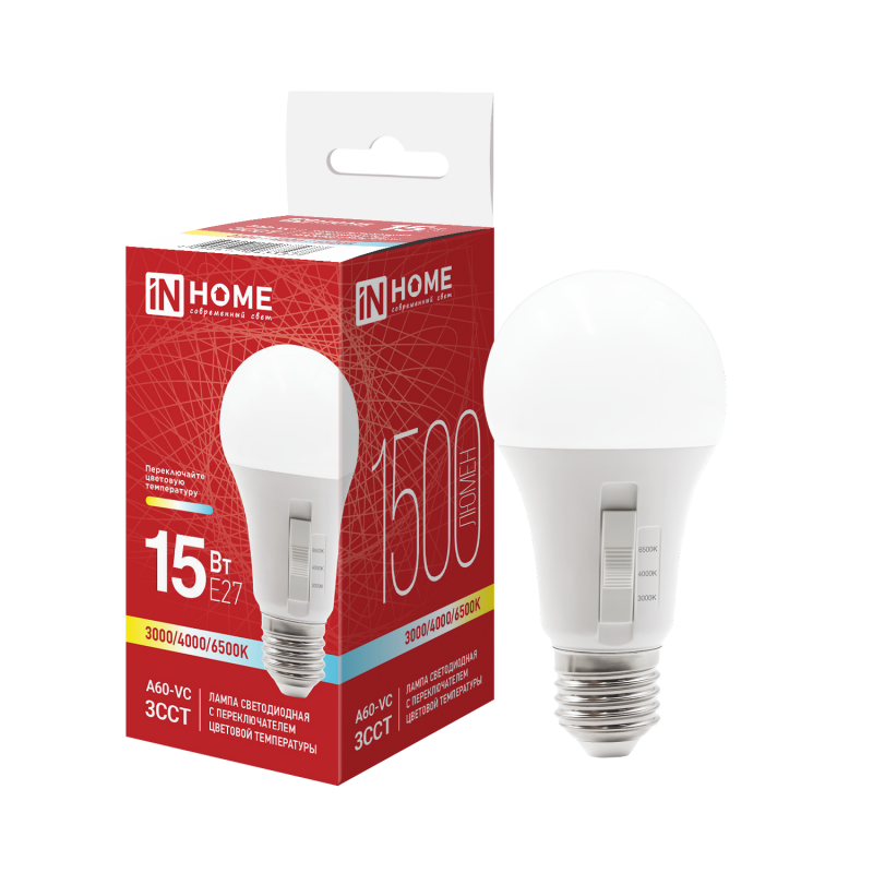 Лампа светодиодная LED-A60-VC 15Вт 230В Е27 1500Лм 3ССТ 3000/4000/6500К с переключателем на лампе 