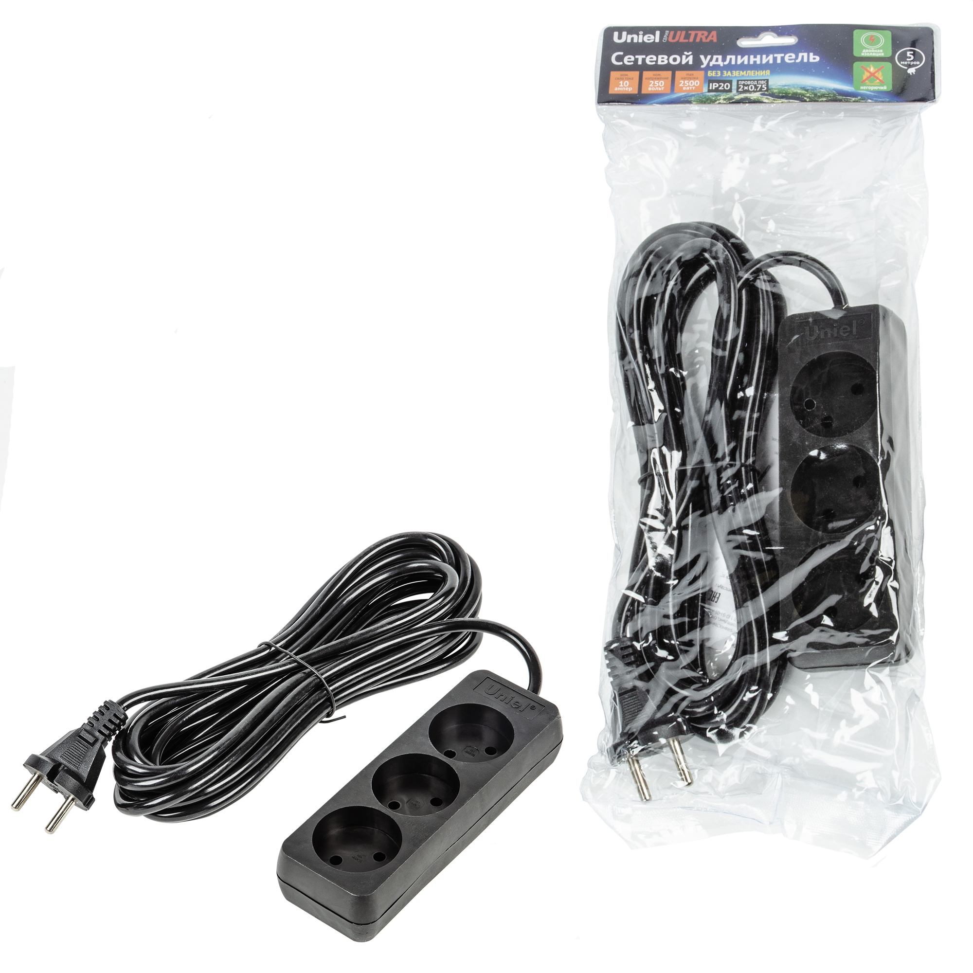 Удлинитель UNIEL S-CU3-5 BLACK шнур 3м., 3 гнезда, 10A, б/з черный