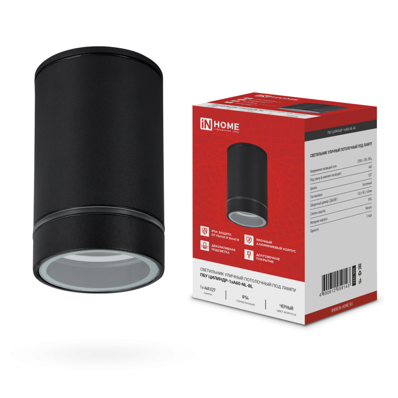 Светильник уличный потолочный ПБУ ЦИЛИНДР-1xА60-NL-BL с подсветкой черный IP54 IN HOME