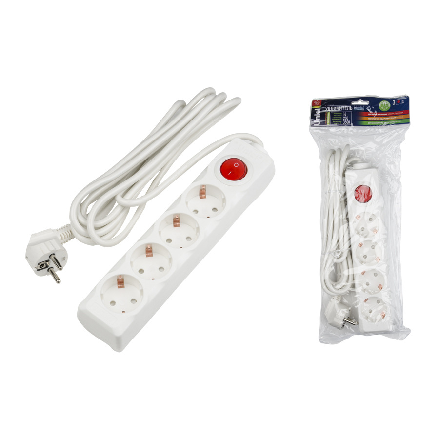 Удлинитель UNIEL S-GCD4-3B шнур 3 м, 4 гнезда, с/з. Белый. серии Standart