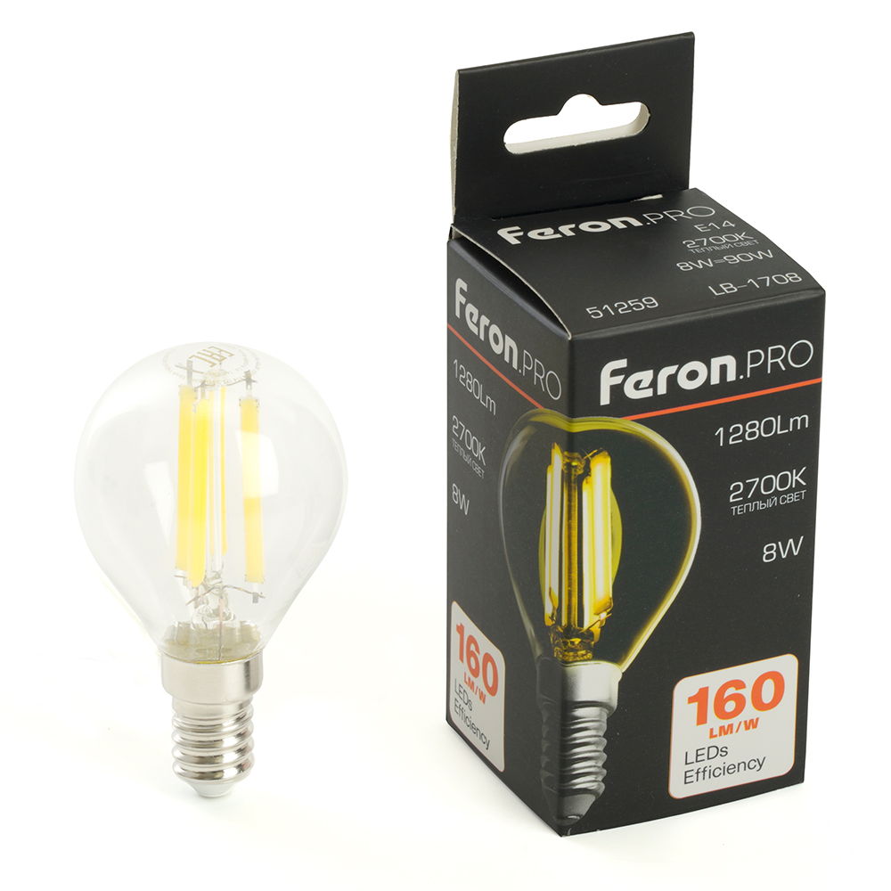 Лампа светодиодная FERON PRO LB-1708 1280LM 8W 175-265V E14 2700K G45 прозрачная 