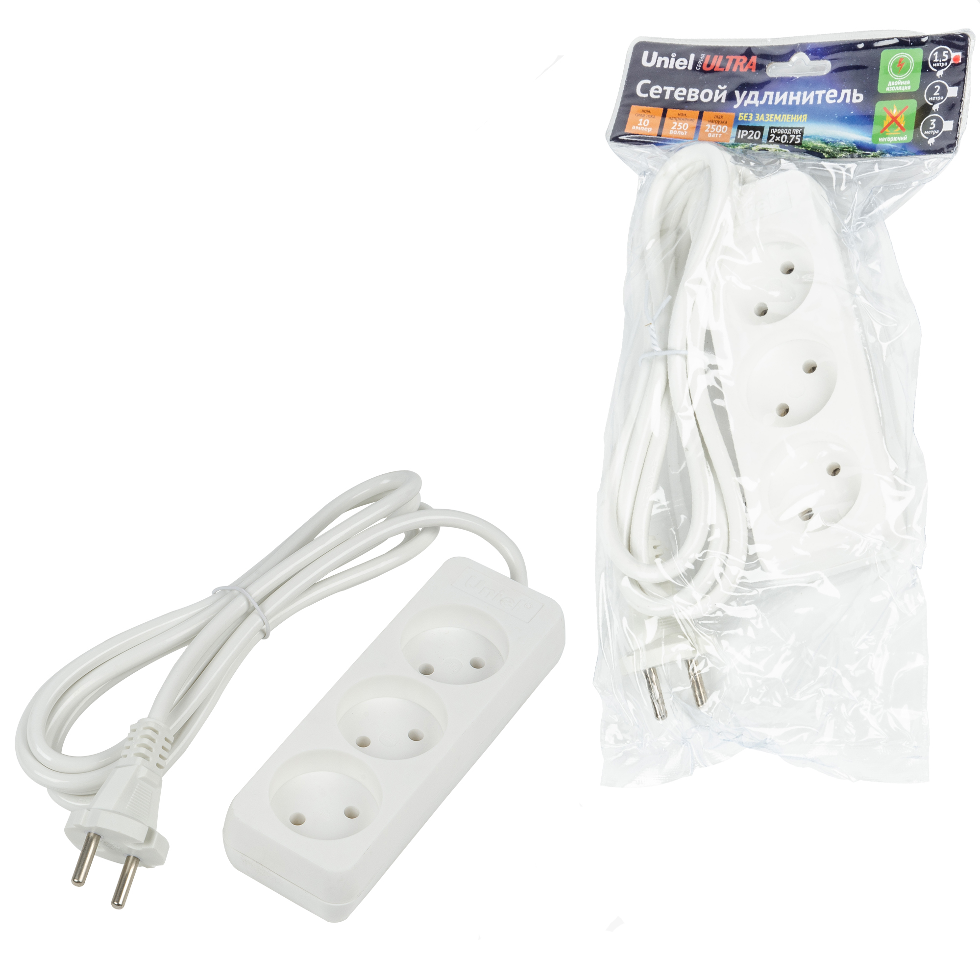 Удлинитель UNIEL S-CU3-1,5 WHITE шнур 1,5м., 3 гнезда, 10A, б/з. Белый. серии Ultra