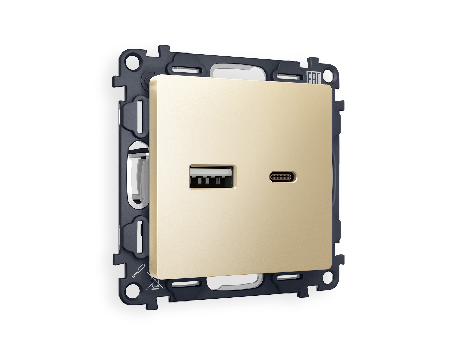 MA611010 Комплект механизма розетки ALFA Шампань 2USB A+C 20W (быстрая зарядка) QUANT (AP6110,VM177)