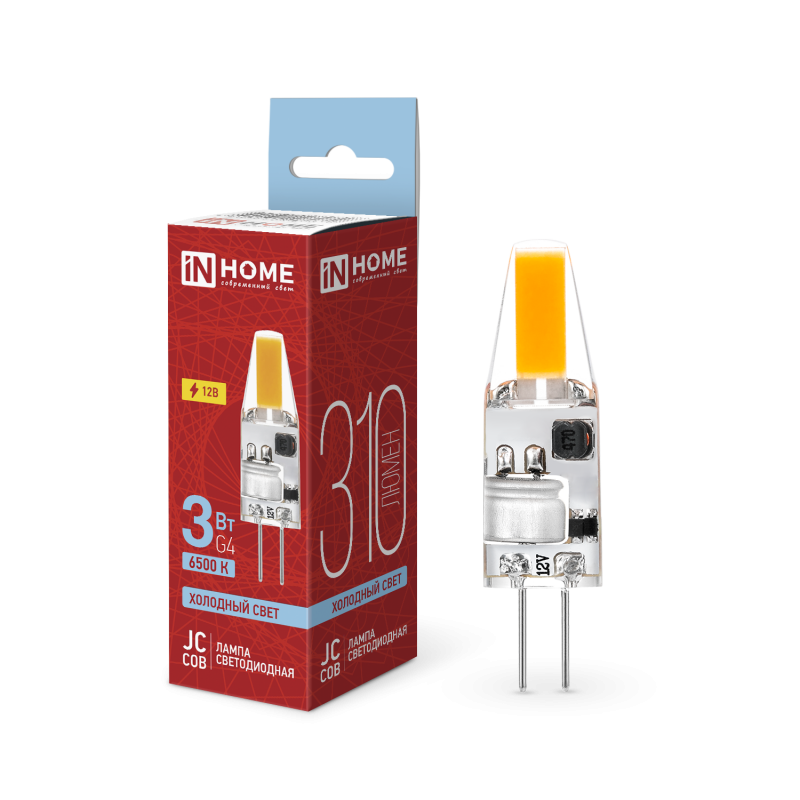 Лампа светодиодная LED-JC-COB 3Вт 12В G4 6500К 310Лм IN HOME