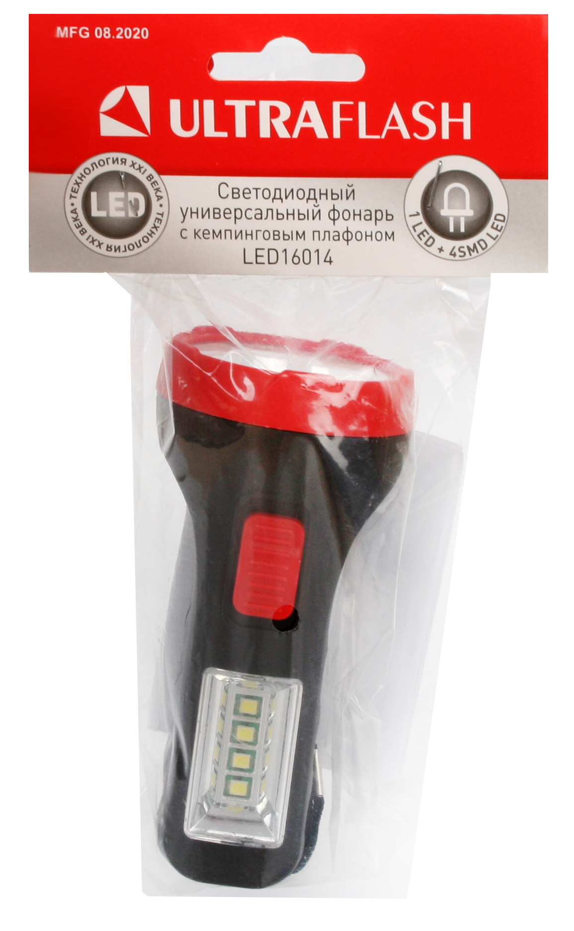 Фонарь ULTRAFLASH LED16014 черный, 1+4SMD LED, 2 реж., 1XR6, пластик, блистер-пакет