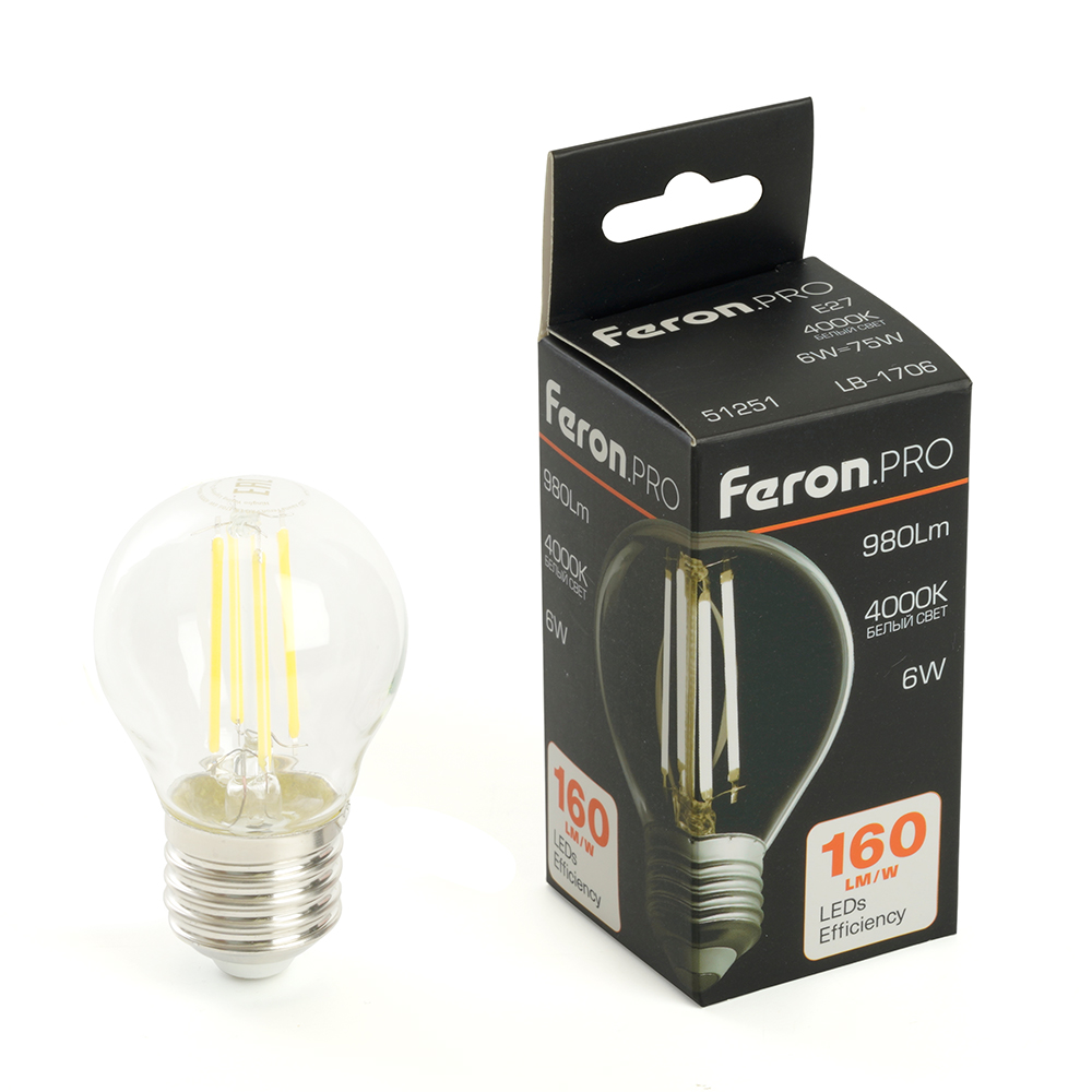 Лампа светодиодная FERON PRO LB-1706 980LM 6W 175-265V E27 4000K G45 прозрачная 