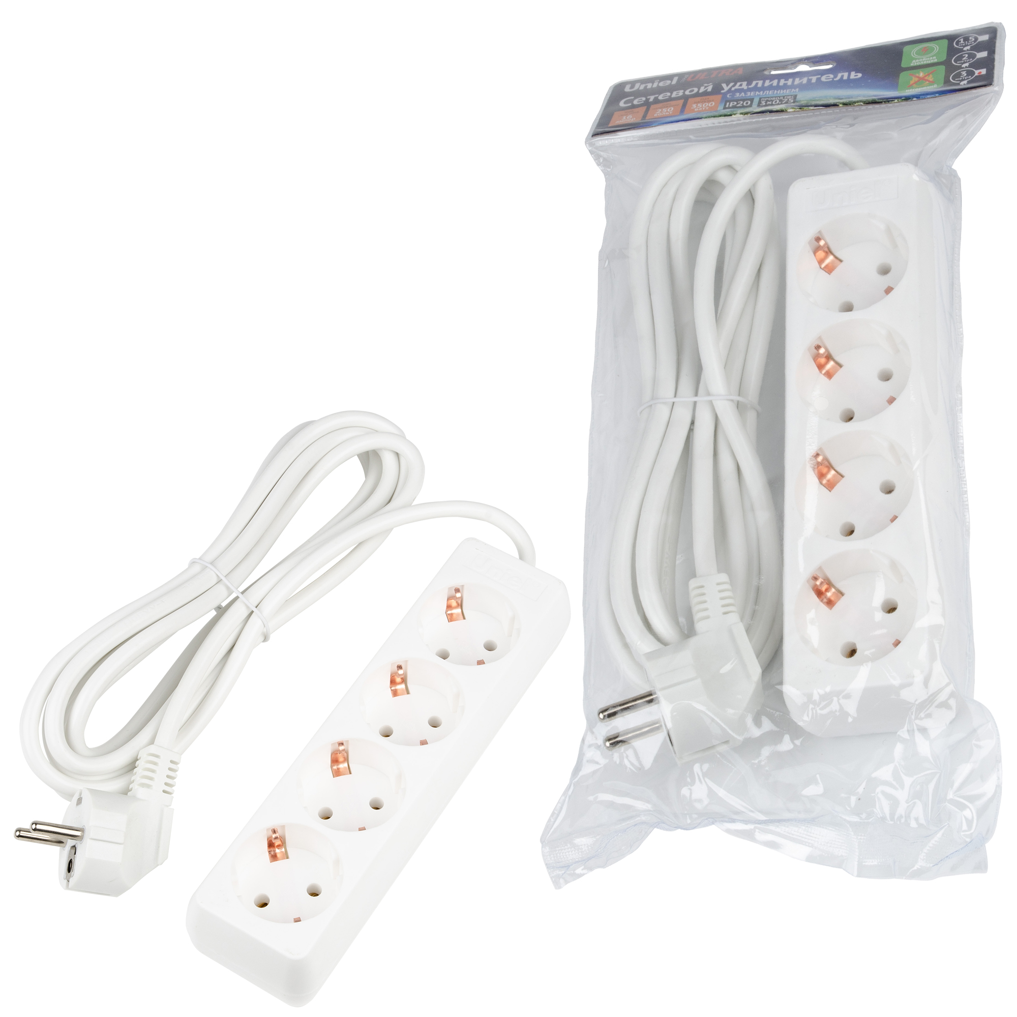 Удлинитель UNIEL S-GCU4-3 WHITE шнур 3м., 4 гнезда, 16A, с/з. Белый. серии Ultra