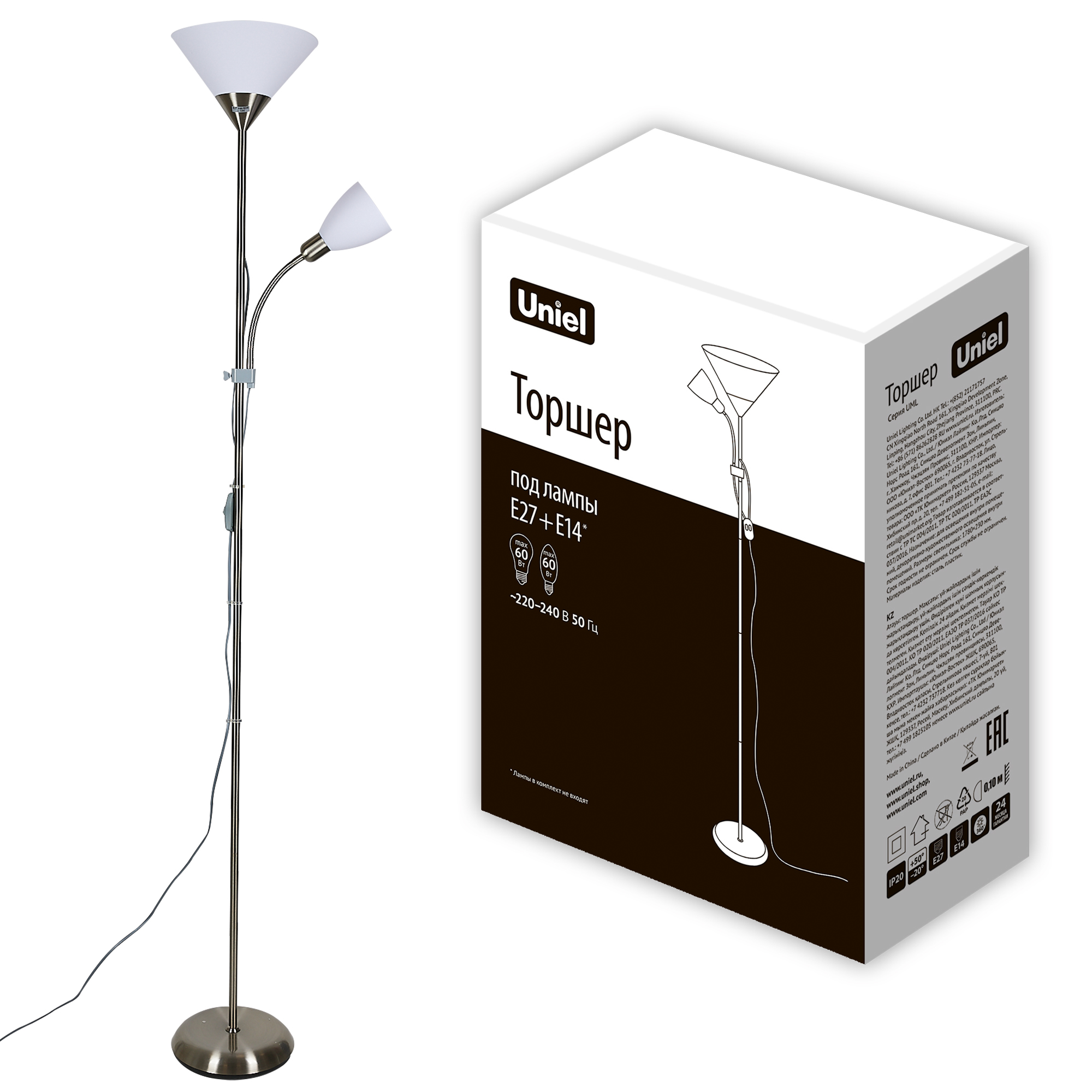 Торшер напольный UNIEL UML-T520 E27+E14 SILVER-WHITE 2х60W. Серебристый-Белый.