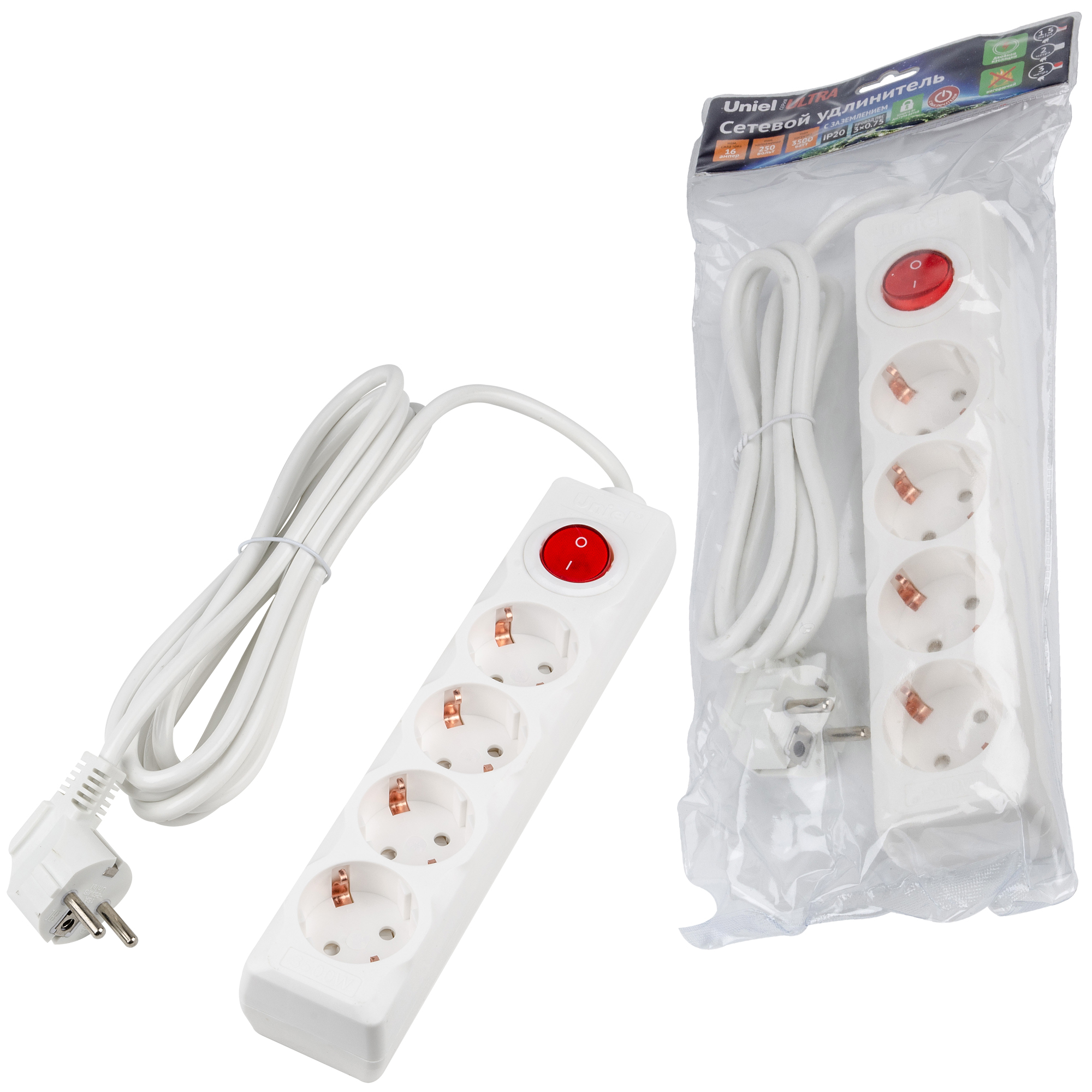 Удлинитель UNIEL S-GCU4-3B WHITE шнур 3м., 4 гнезда, 16A, с/з. Белый. серии Ultra