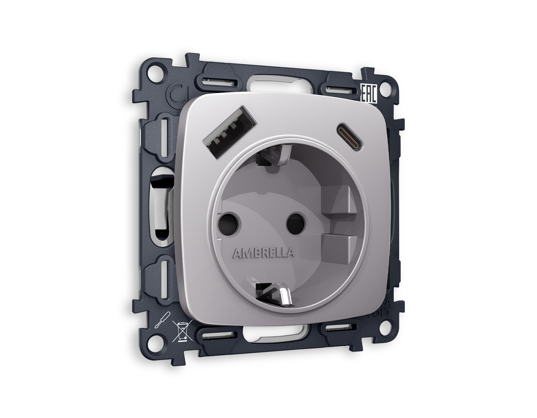 MO510010 Комплект механизма электр розетки OMEGA Сталь матовый 2USB A+C 20W с/з QUANT(OP5100,VM160)