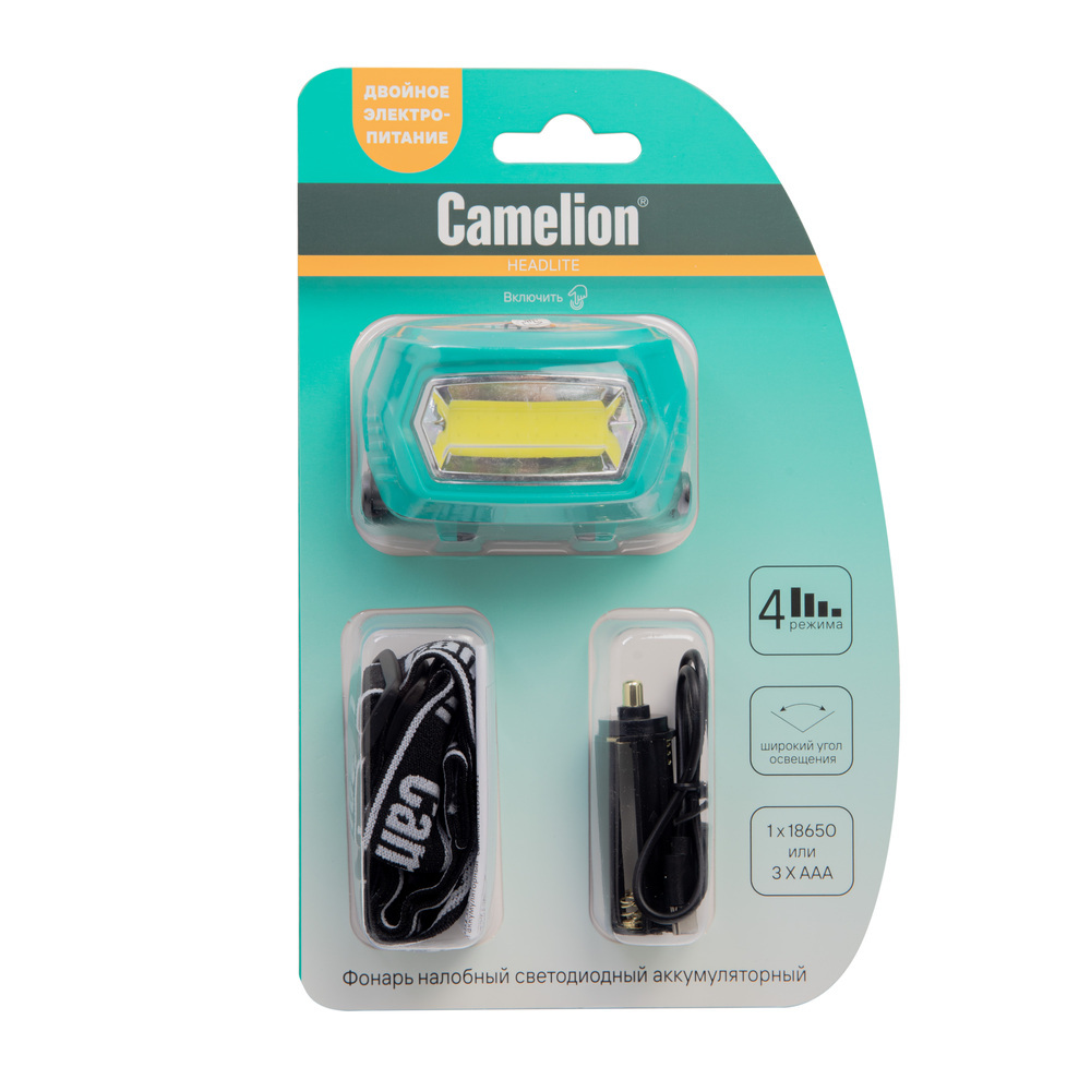 Camelion LED53411 (фонарь налоб, аккум 3,7В, зелен, COB, 3 Вт, 3 реж, 3 x AAA, Type-C, блист)