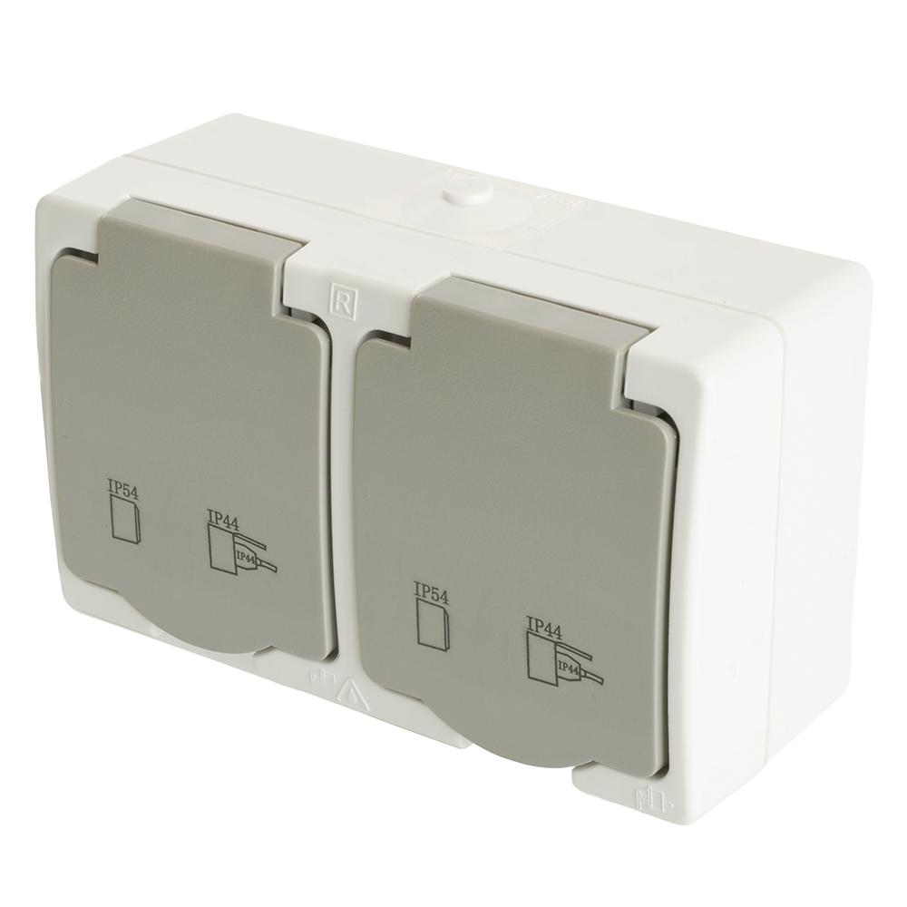 Розетка 2-местная с крышкой с/з, 250В, 16А, IP54, PST16-22-54, белый/серый