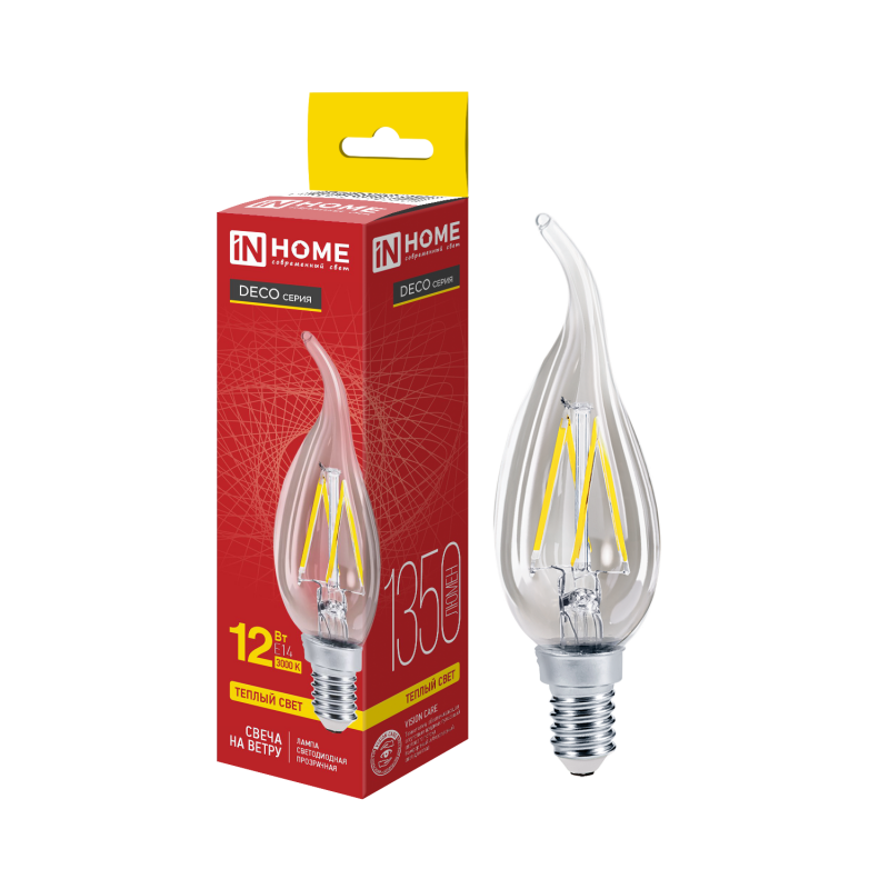 Лампа светодиодная IN HOME LED-СВЕЧА НА ВЕТРУ-deco 12Вт 230В Е14 3000К 1350Лм прозрачная 
