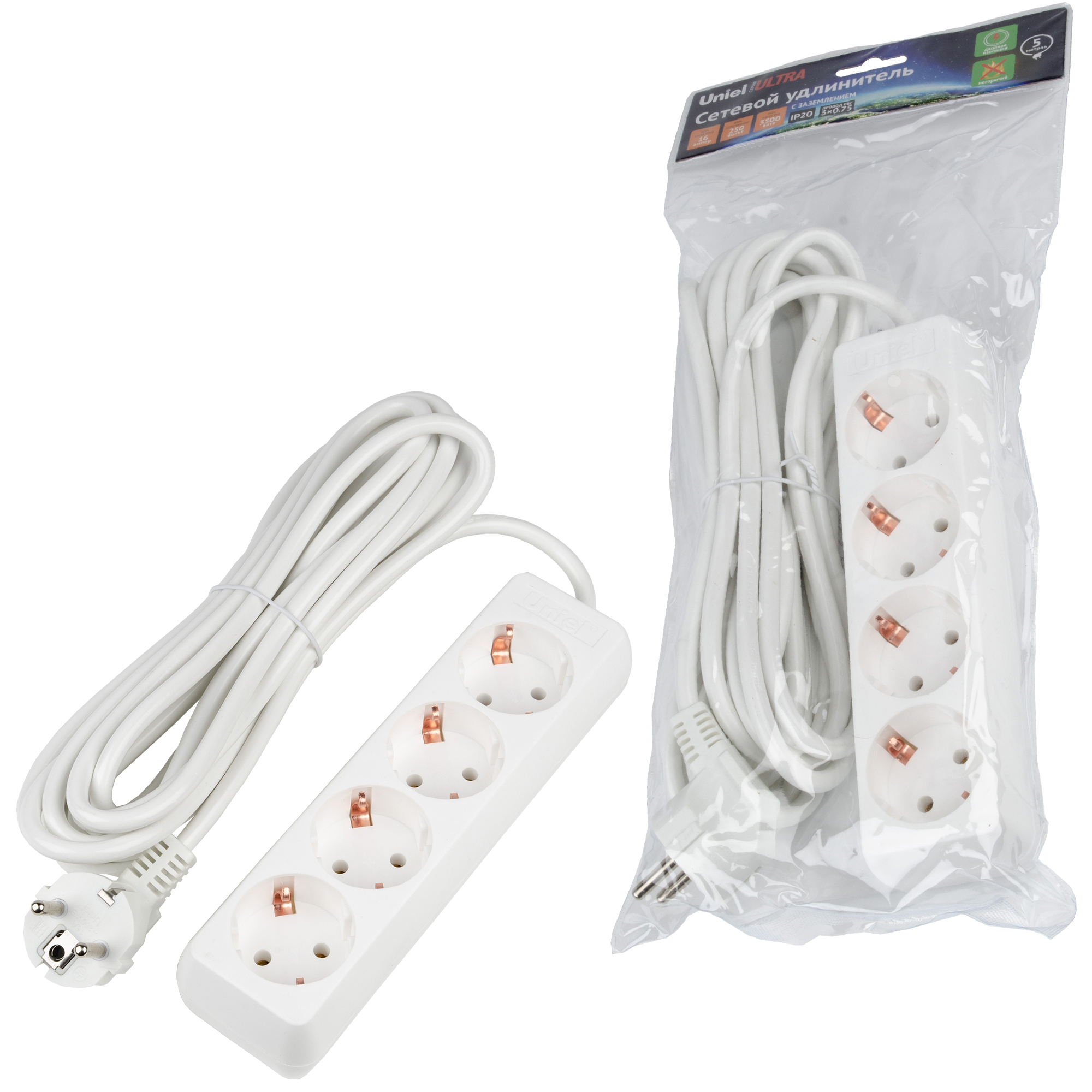 Удлинитель UNIEL S-GCU4-5 WHITE шнур 5м., 4 гнезда, 16A, с/з. Белый. серии Ultra
