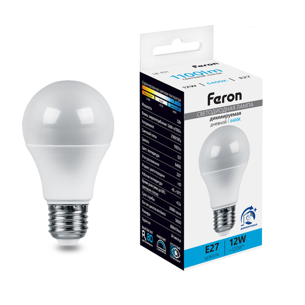 Лампа светодиодная диммируемая FERON LB-931 12W 230V E27 6400K A60